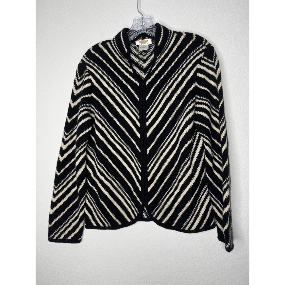Talbots Petites Black Chevron Stripe 100% Wool Zip Front Cardigan Sweater Size M
